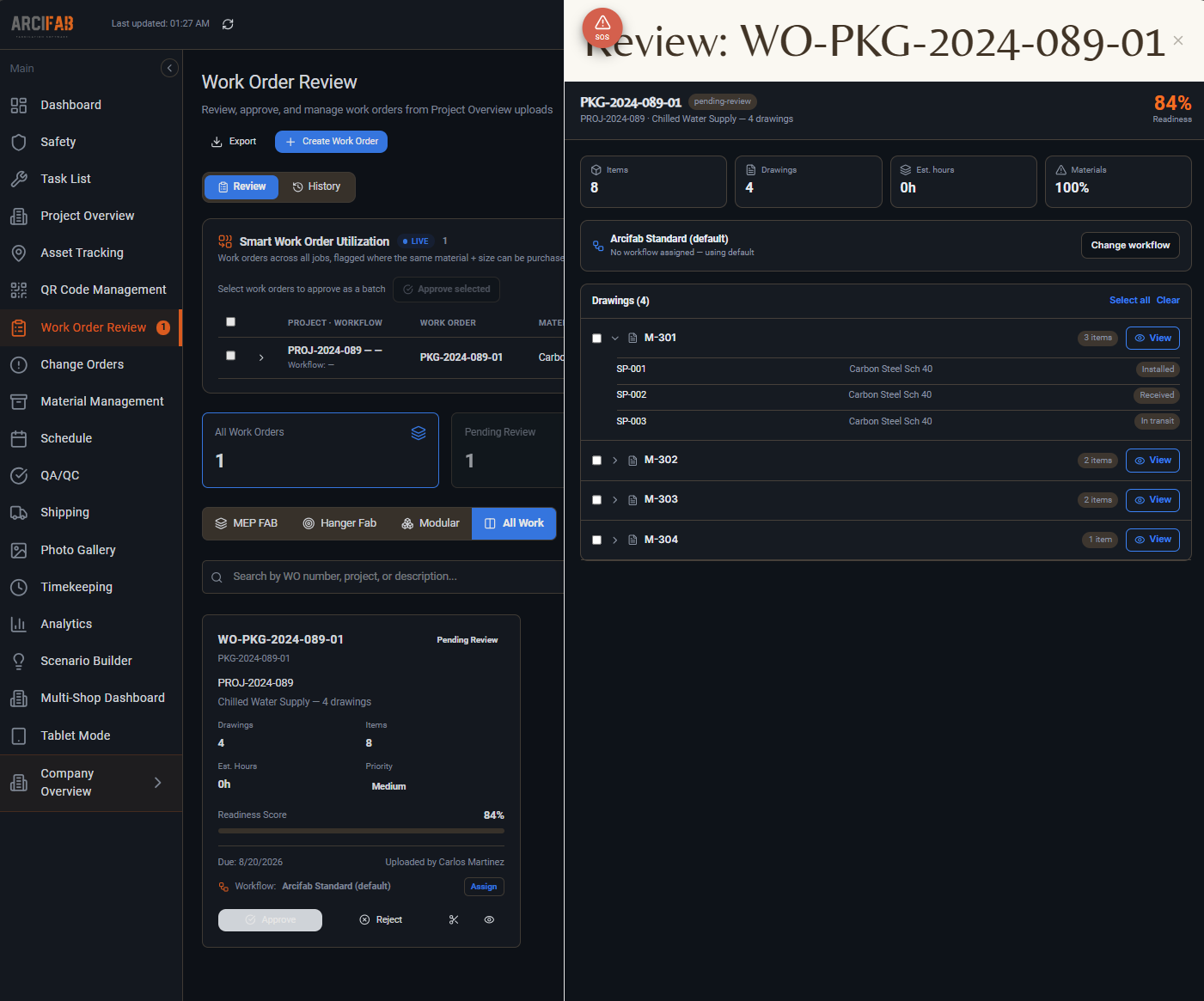 ArciFab interface showing native drawing data connected to live production and review.