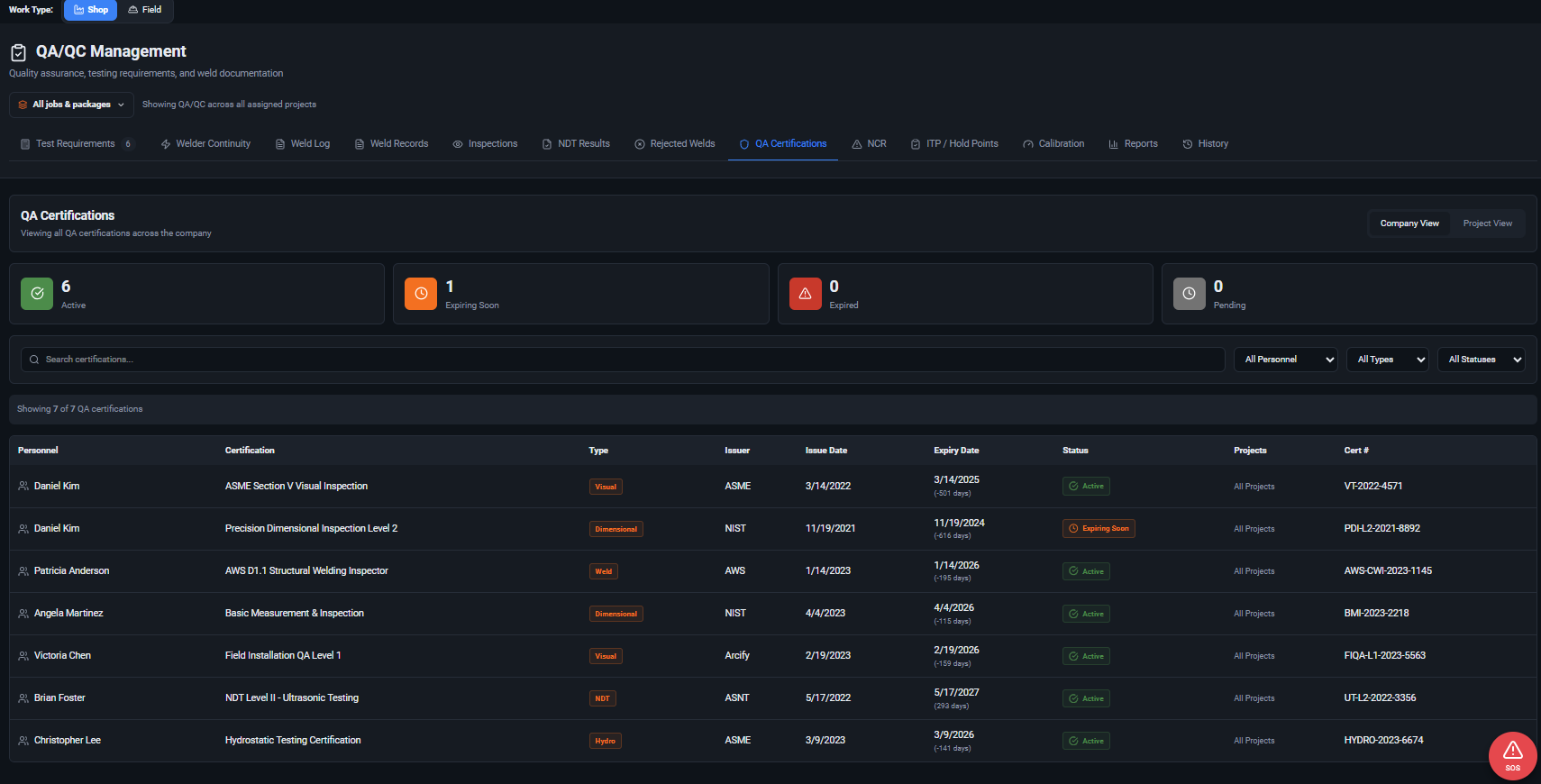 ArciFab QA/QC Management module — certifications, inspections, and weld documentation in one view.