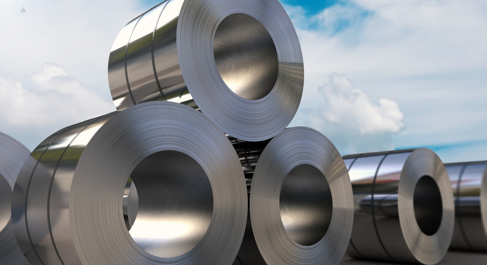 Sheet metal coil rolls staged in a fabrication shop.