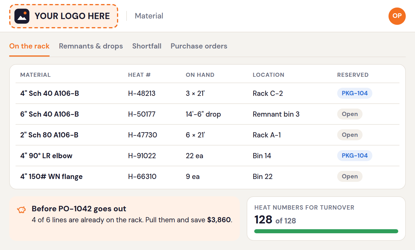 Material on the rack with heat numbers and locations, plus a warning that four PO lines are already in stock